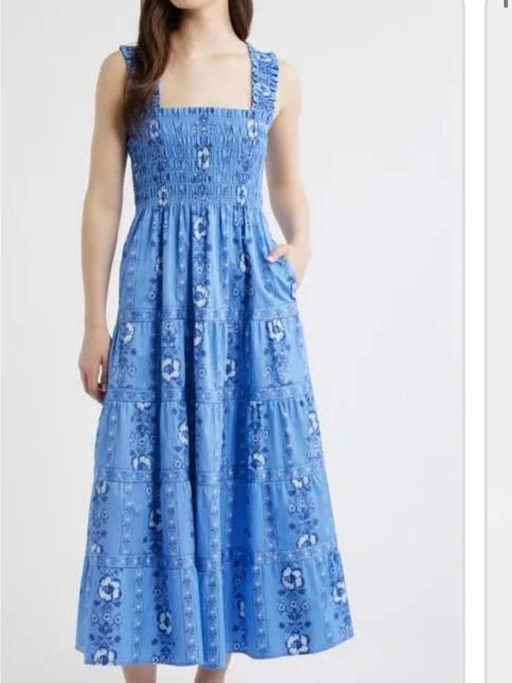 Hill House Blue Floral Maxi Dress with Smocked Bodice